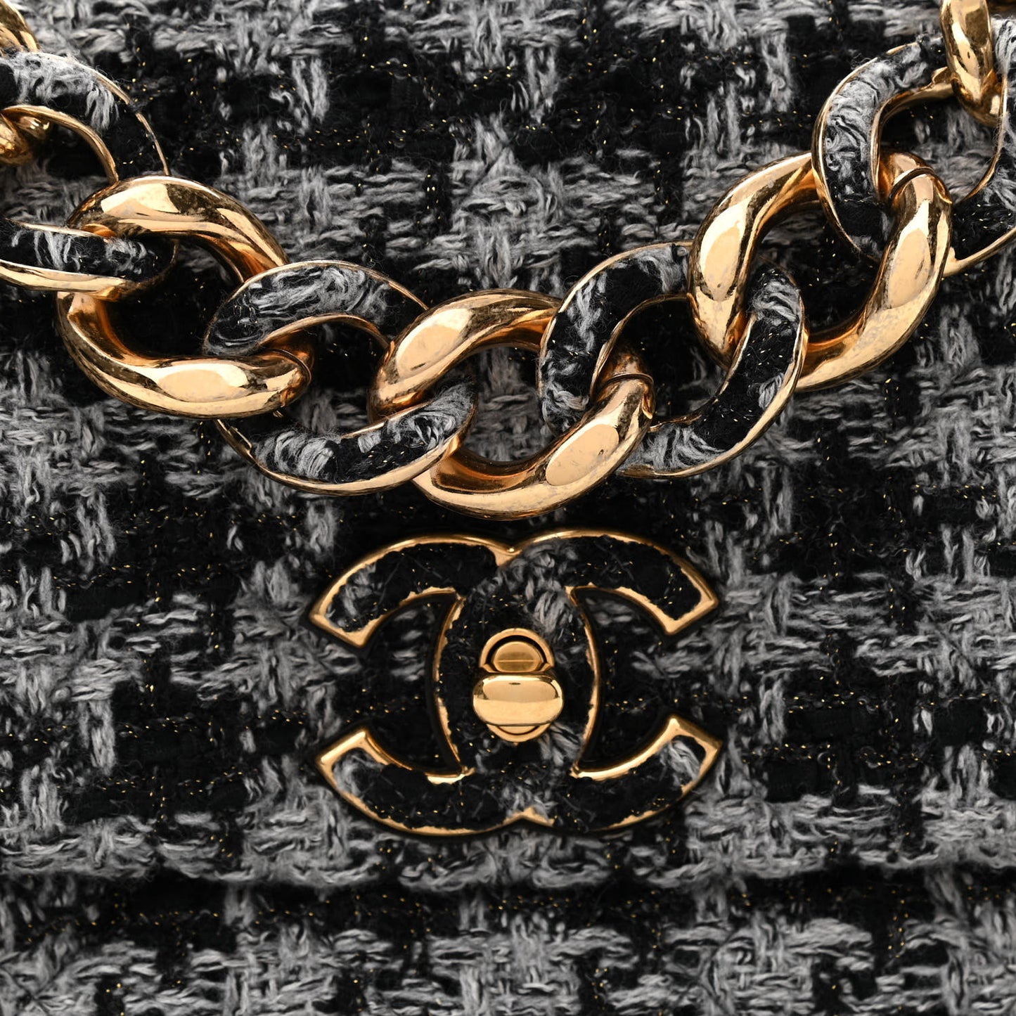 Wool Tweed Quilted Elegant Chain Flap Black Grey