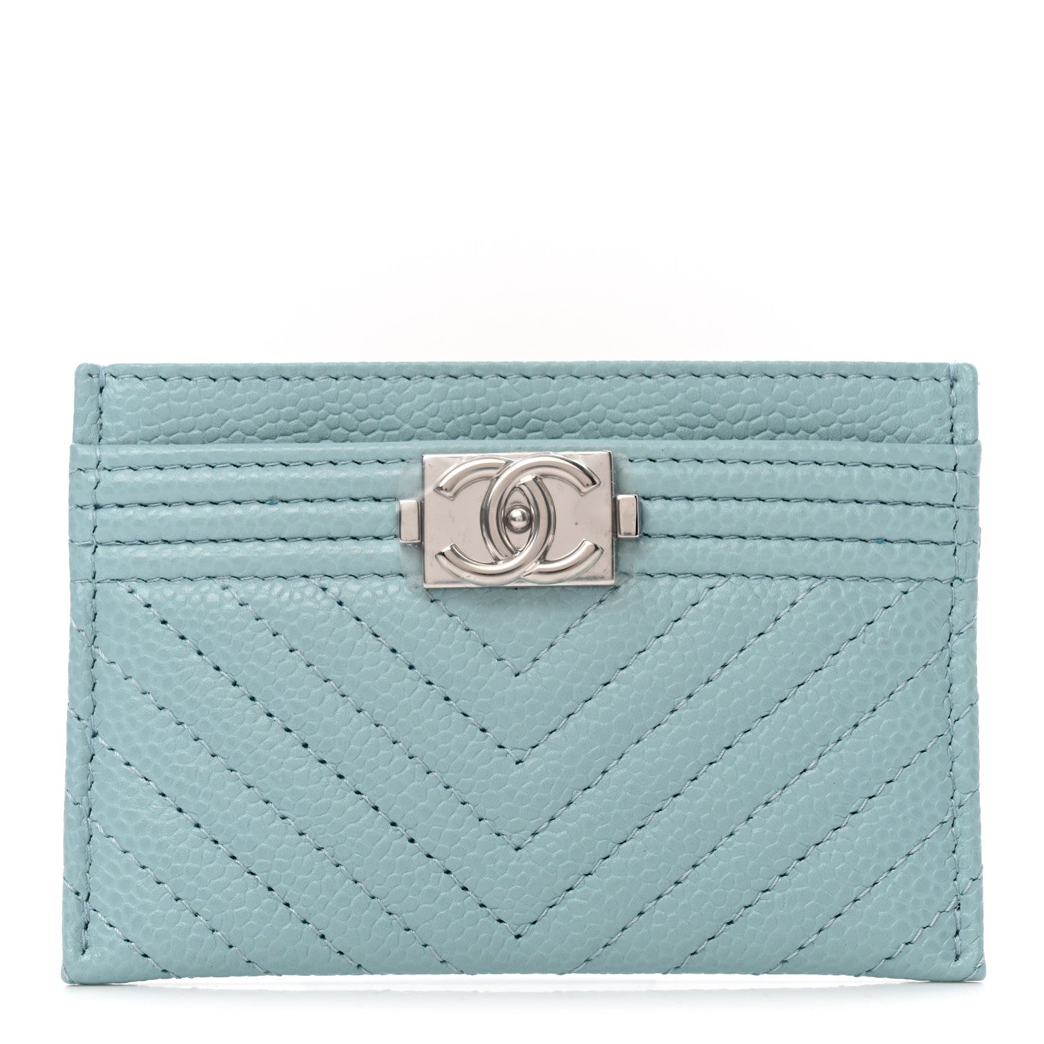Chanel Caviar Quilted Chevron Boy Card Holder Light Blue 1 of 7