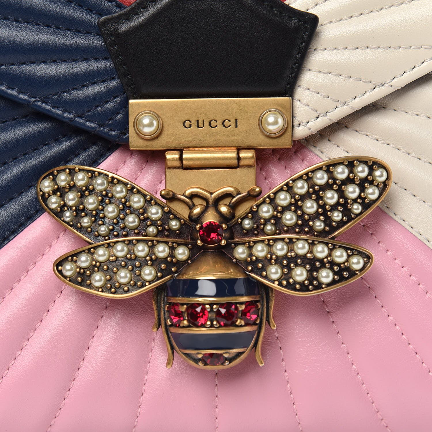 Gucci Calfskin Bamboo Trapuntata Queen Margaret Top Handle Bag Blue Agata Hibiscus Red Mystic White Sugar Pink 10 of 12