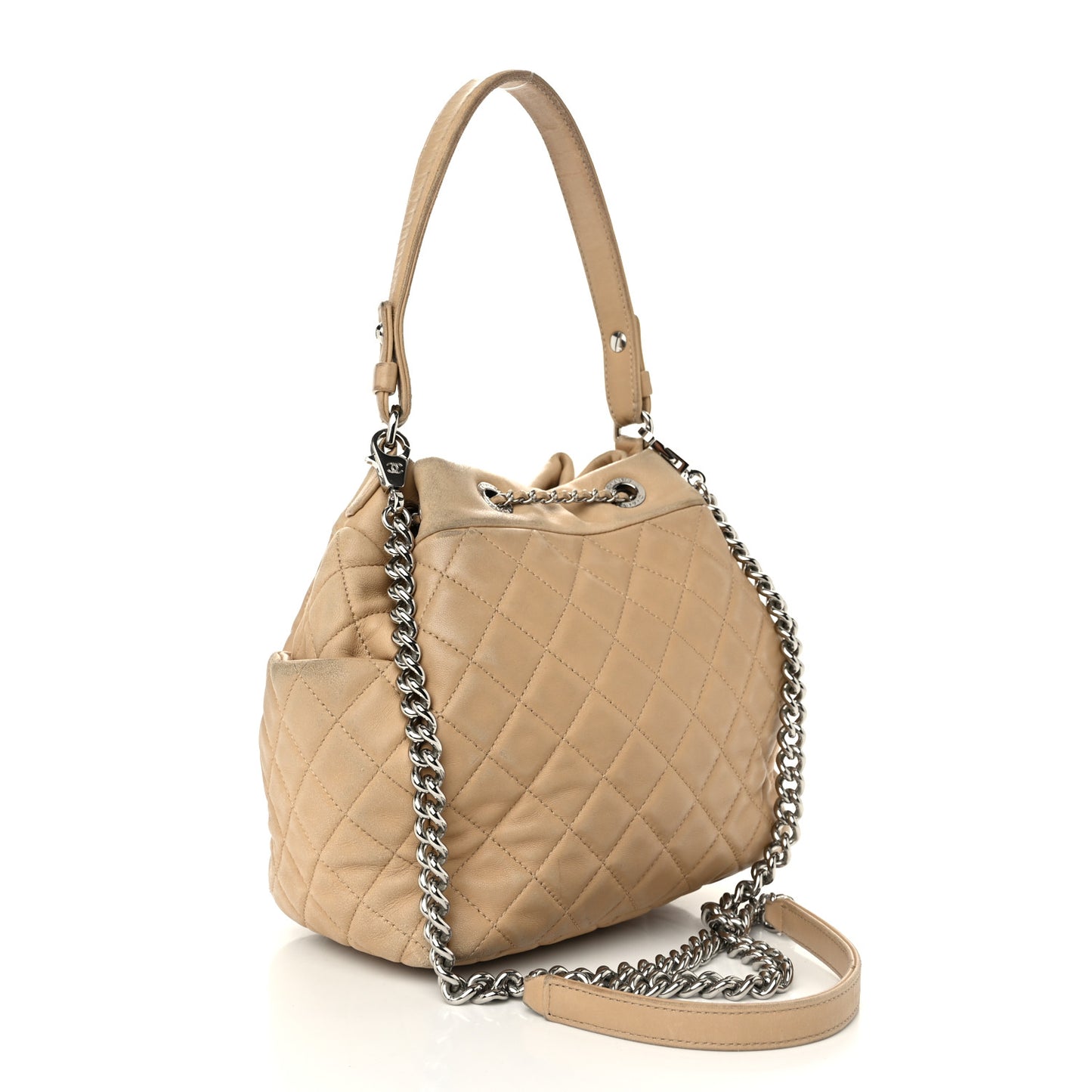 Lambskin Quilted Small CC Chain Bucket Drawstring Bag Light Beige