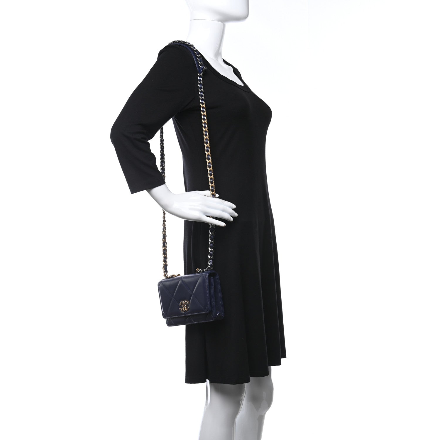 Chanel Shiny Goatskin Quilted Chanel 19 Wallet On Chain WOC Dark Blue 2 of 10