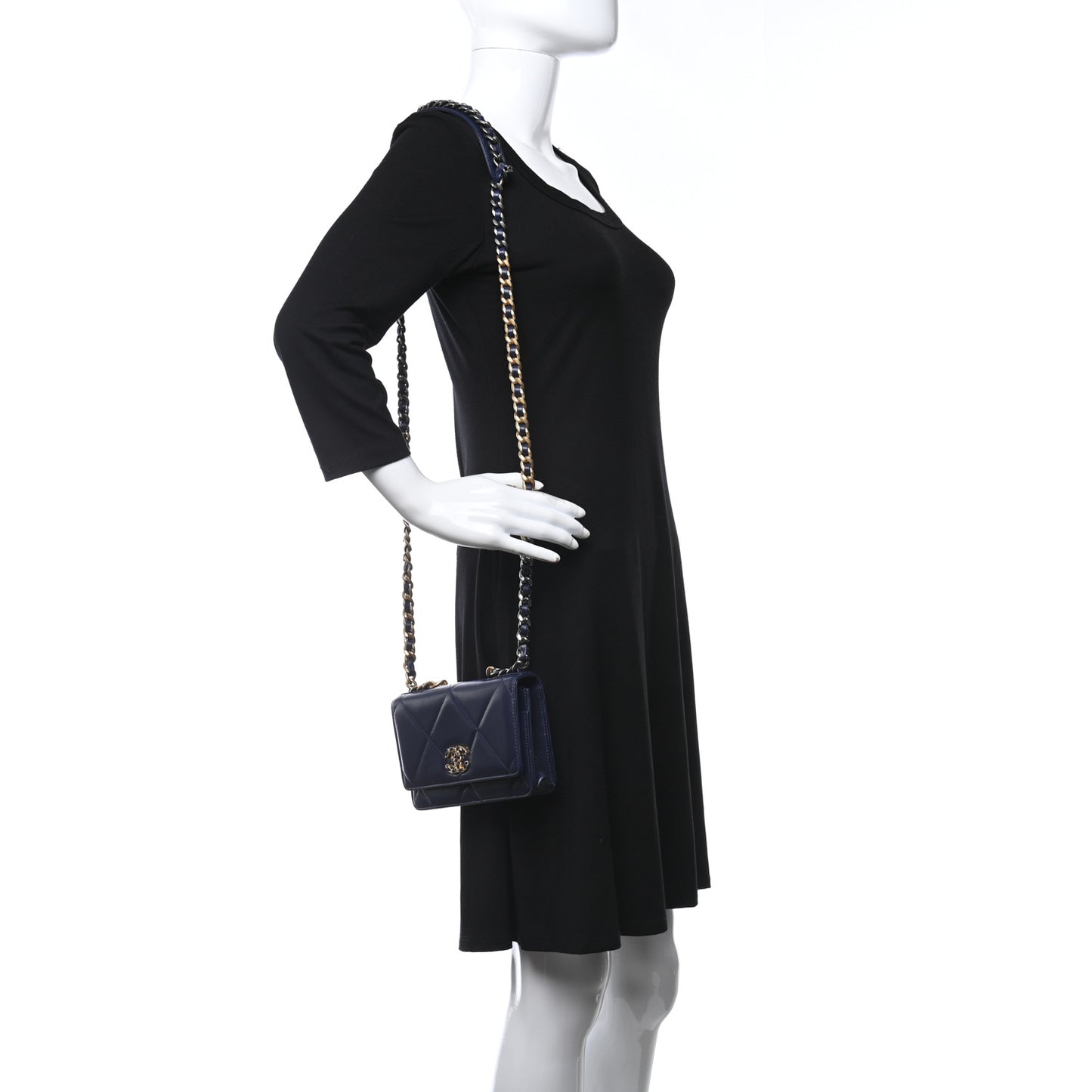 Shiny Goatskin Quilted Chanel 19 Wallet On Chain WOC Dark Blue