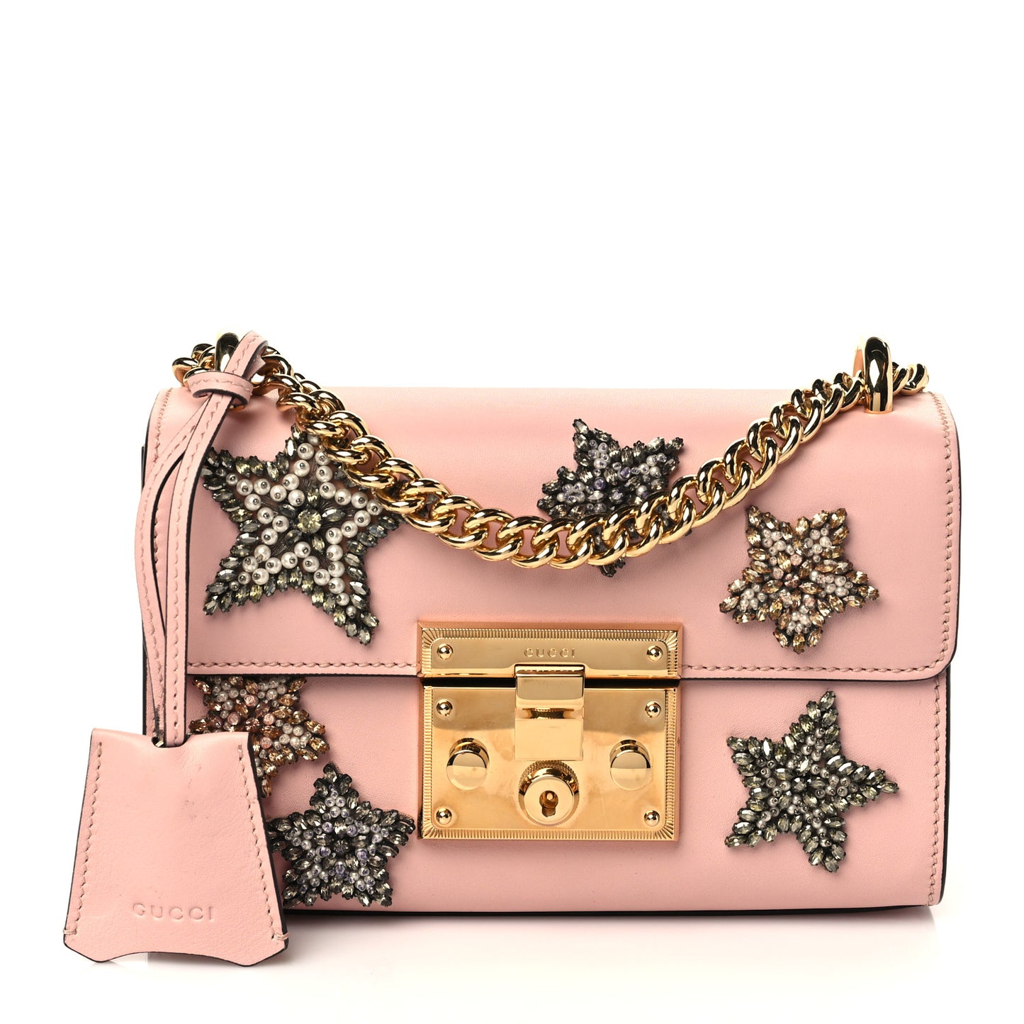 Calfskin Crystal Star Embroidered Small Padlock Shoulder Bag Perfect Pink Multicolor