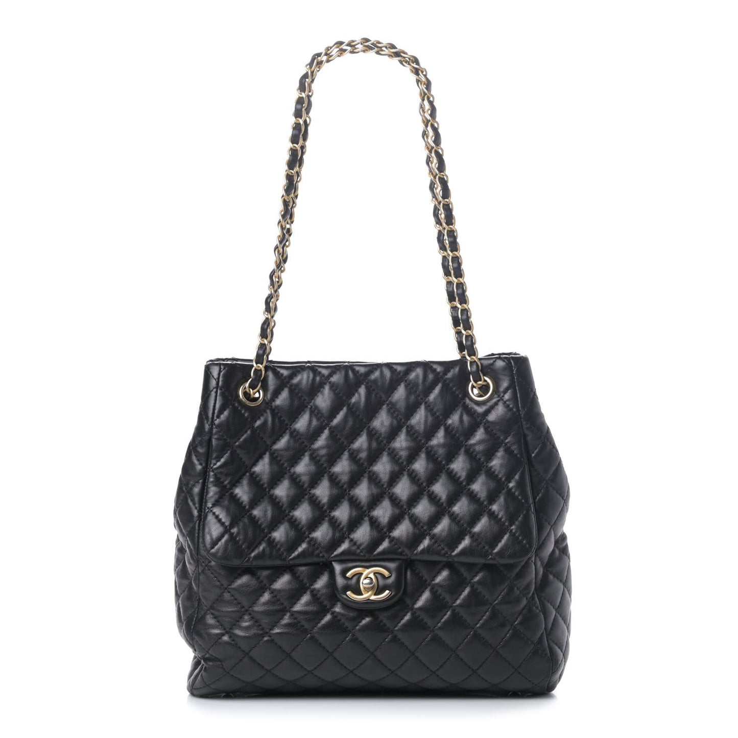 Lambskin Quilted Large Fluffy CC Shopping Tote Black