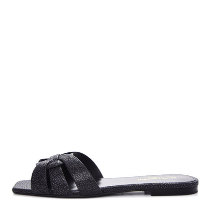 Saint Laurent Calfskin Galuchat Embossed Tribute 05 Slide Sandals 39 Dark Grey 1 of 11