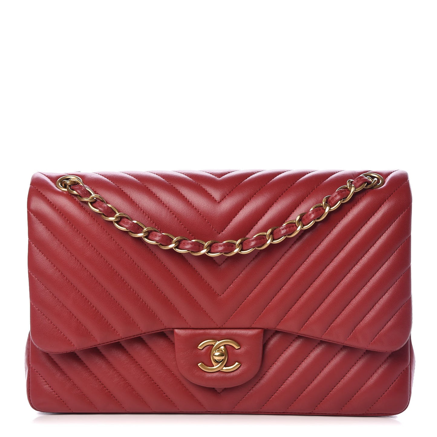 Lambskin Chevron Quilted Jumbo Double Flap Dark Red