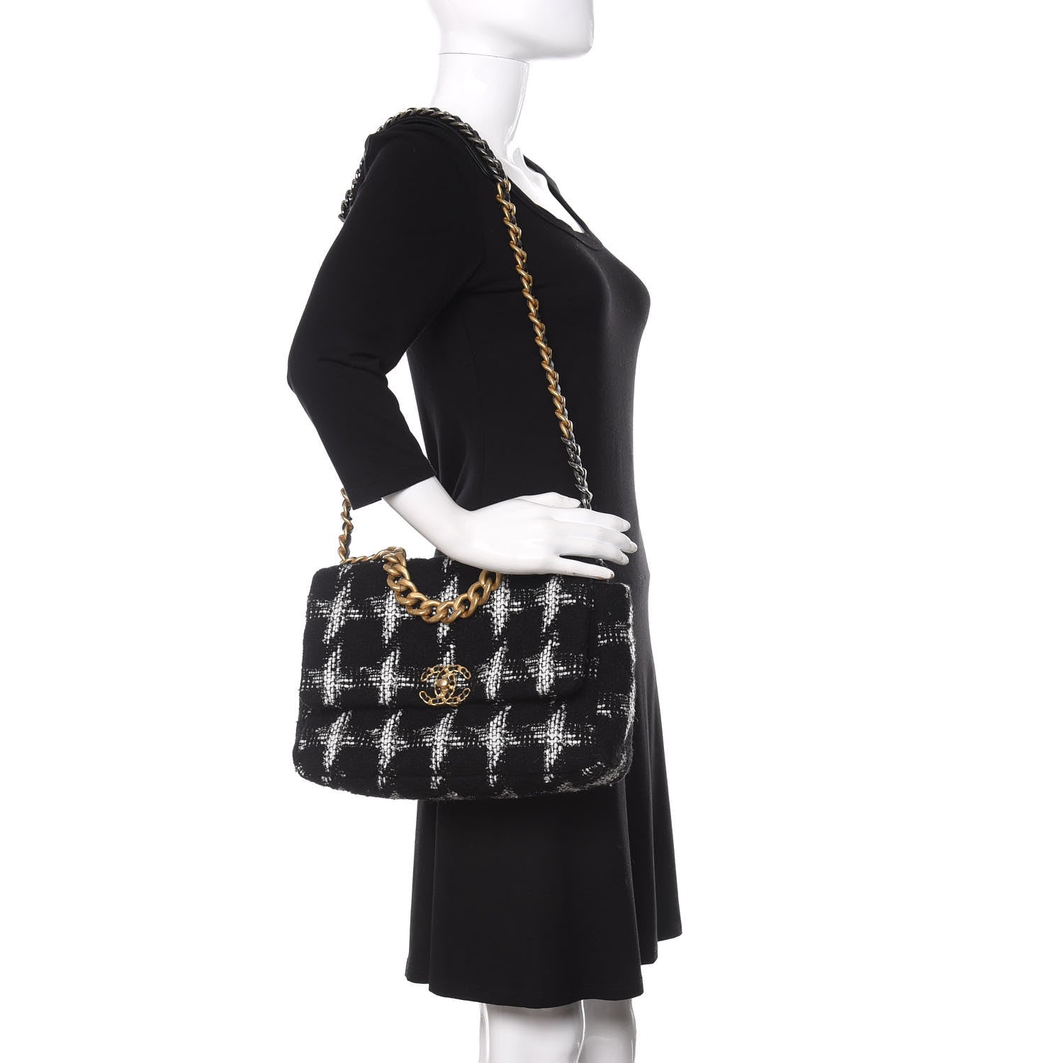 Chanel Tweed Quilted Large Chanel 19 Flap Black White 2 of 10