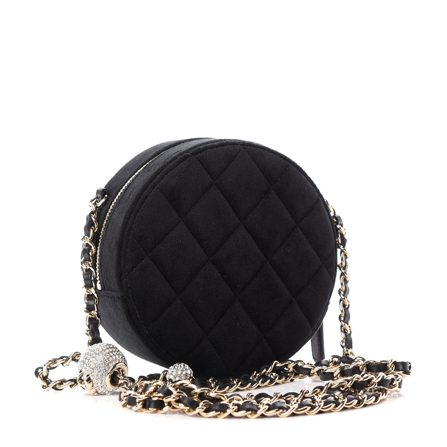 Velvet Quilted Pearl Crush Round Clutch With Chain Black