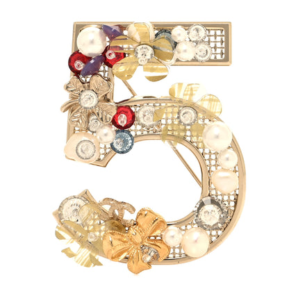 Chanel Pearl Crystal 5 Flower CC Brooch Gold Multicolor 1 of 4