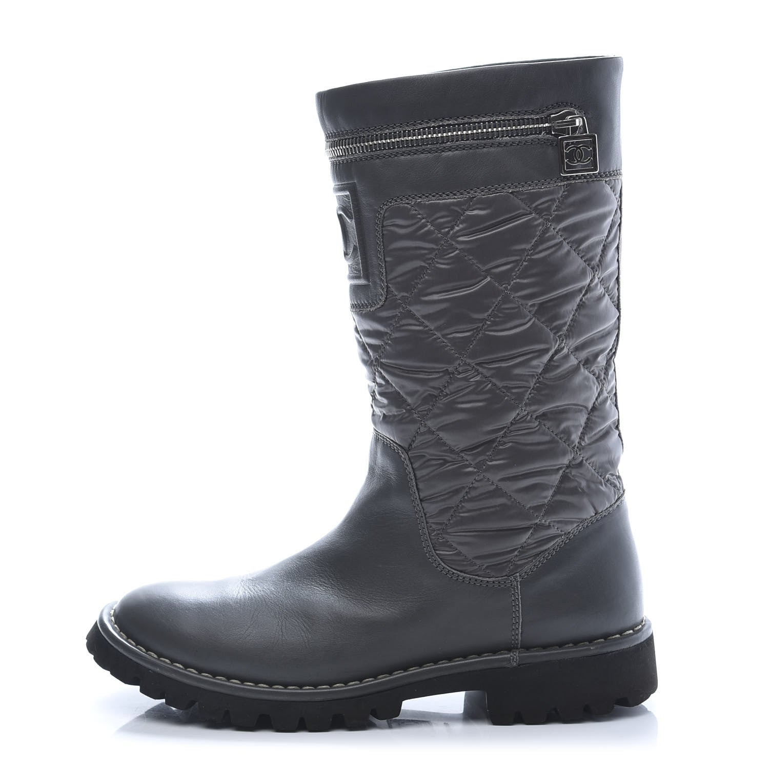 Chanel Calfskin Nylon Quilted Motorcycle Zip Boots 36 Green 1 of 10