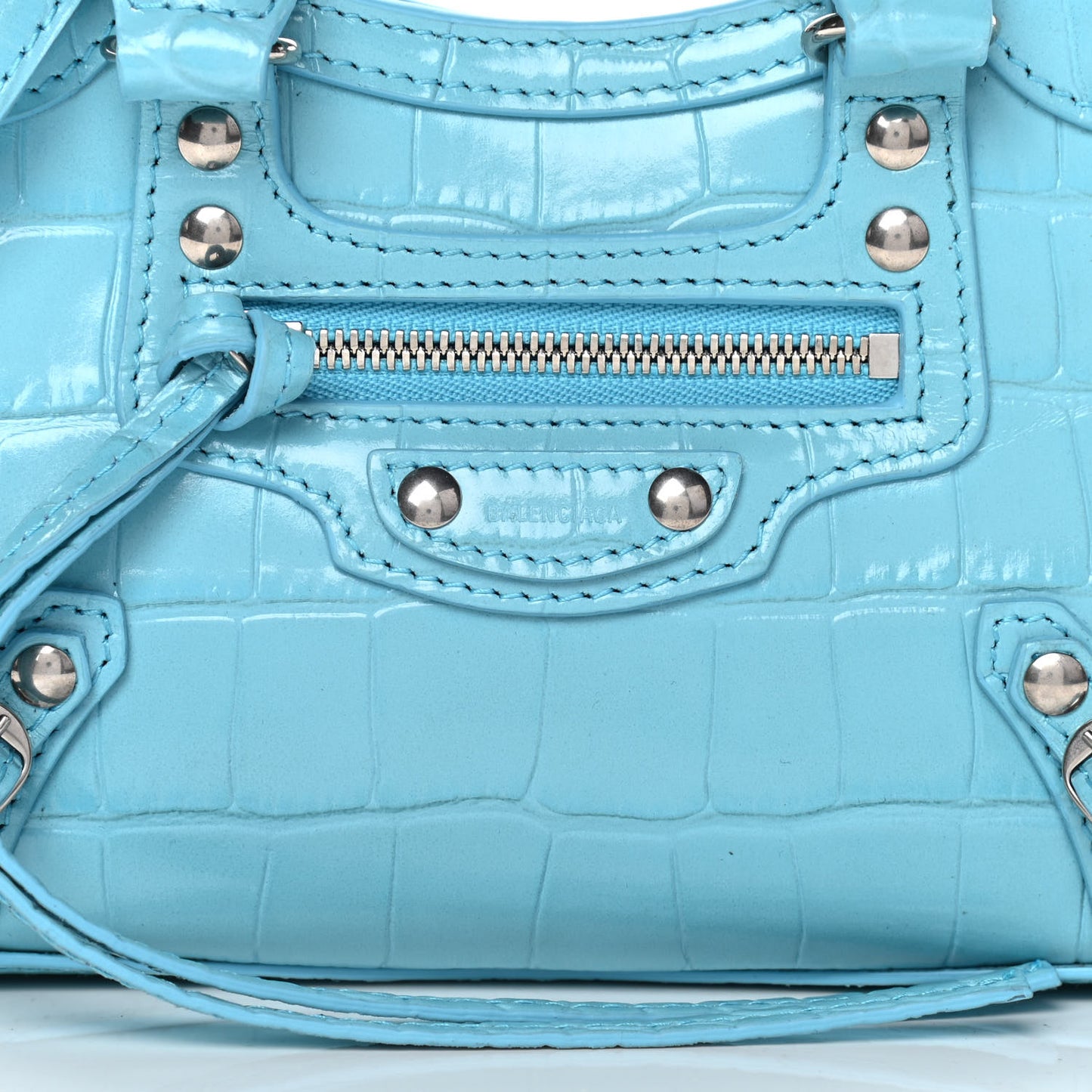 Calfskin Crocodile Embossed Neo Classic Silver Hardware Nano City Crossbody Azur