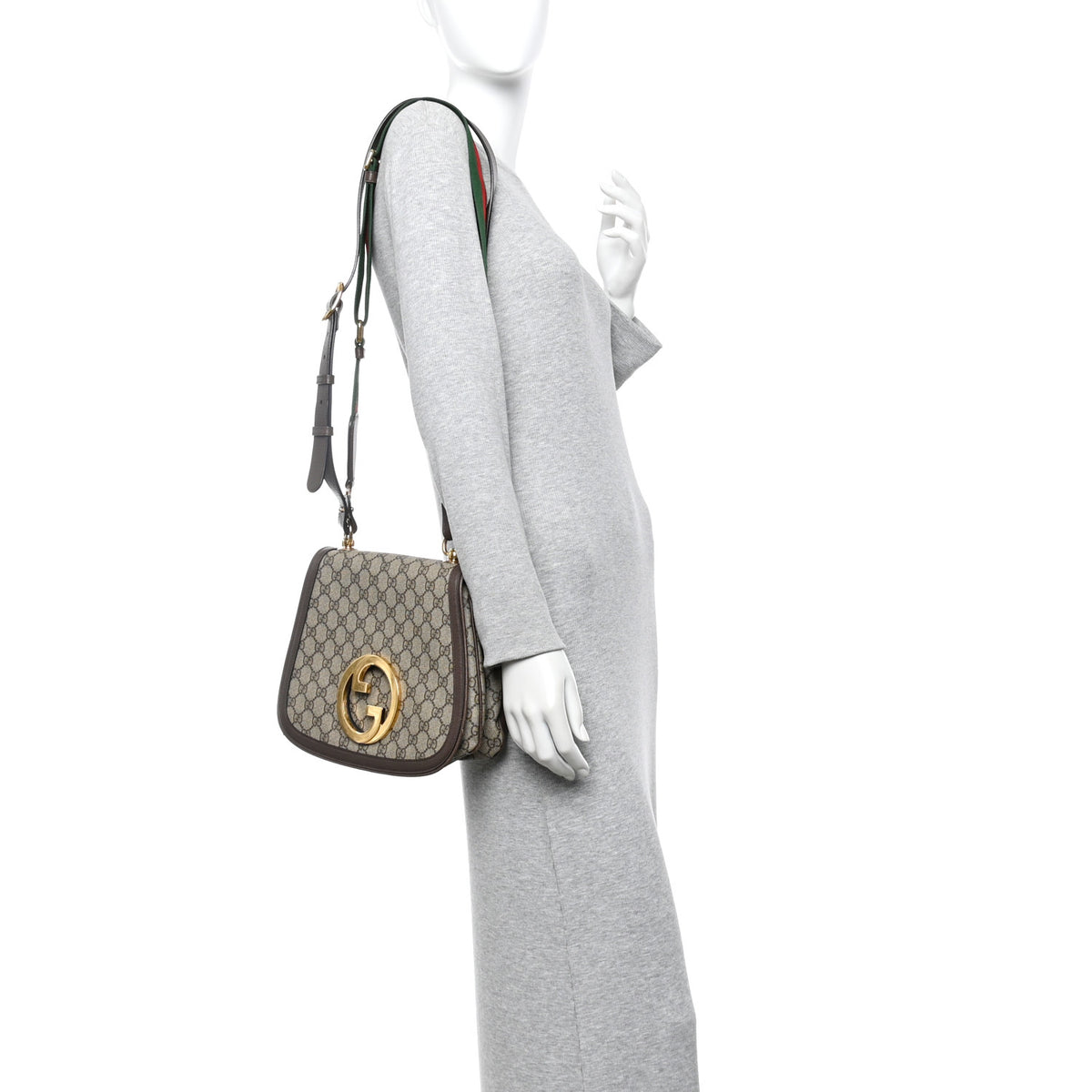 Gucci GG Supreme Monogram Textured Dollar Calfskin Web Medium Blondie Shoulder Flap Bag Beige Ebony New Acero 2 of 13
