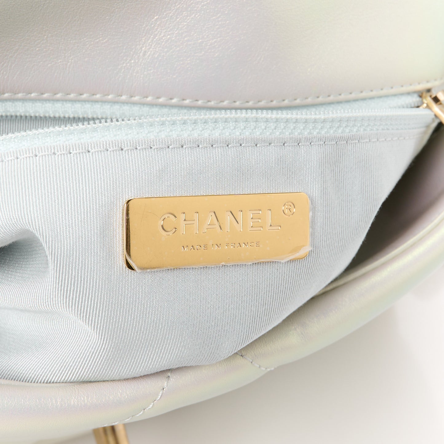 Iridescent Calfskin Quilted Large Chanel 19 Flap White