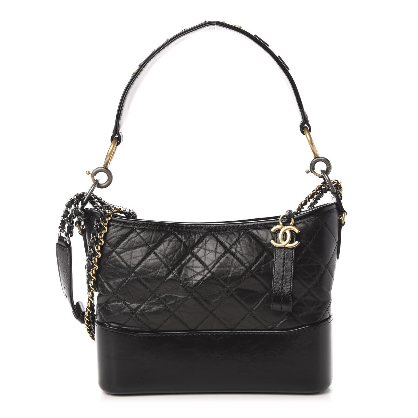 Aged Smooth Calfskin Quilted Medium Gabrielle Logo Hobo Black