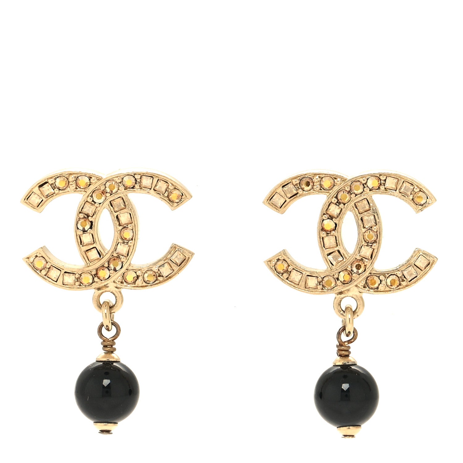 Chanel Crystal Resin CC Drop Earrings Gold Black Yellow 1 of 5