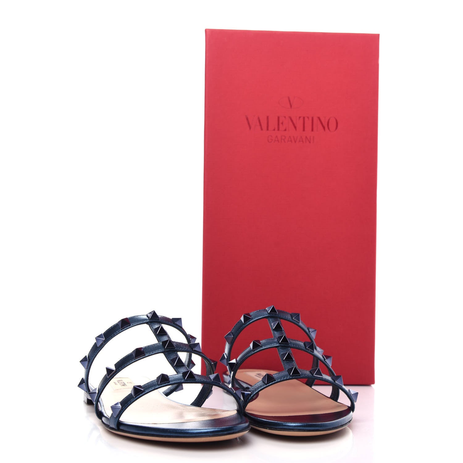 Valentino Garavani Metallic Nappa Rockstud Caged Flat Slide Sandals 36 Marine 11 of 11