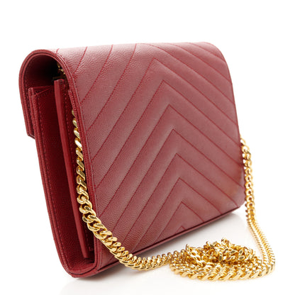 Saint Laurent Grain De Poudre Matelasse Chevron Monogram Chain Wallet Red 3 of 9