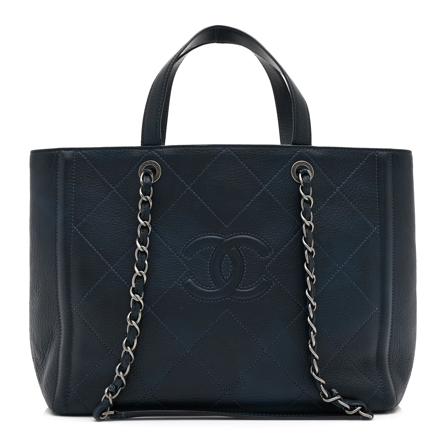 Chanel Deerskin Stitched Medium CC Shopping Tote Navy 1 of 10