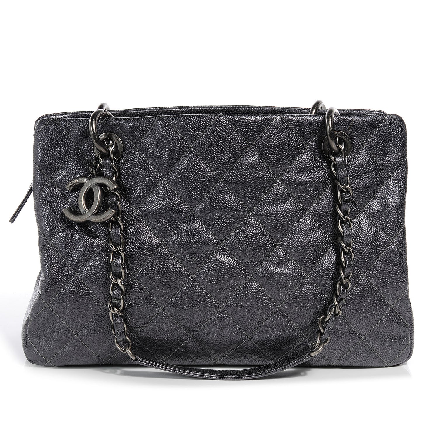 Caviar Timeless CC Large Zip Shopping Tote Dark Silver