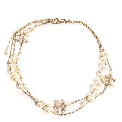 Chanel Pearl Crystal Enamel Camellia CC Long Necklace Light Gold 1 of 4