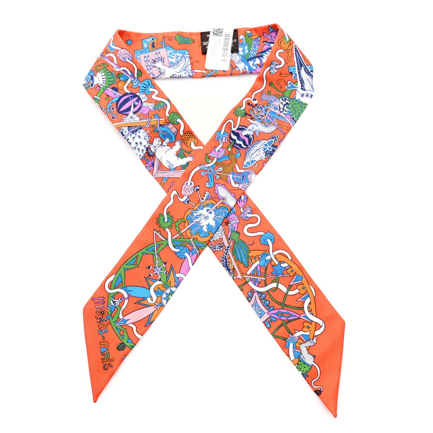 Hermes Silk La Folle Parade Twilly Orange Bleu White 1 of 3