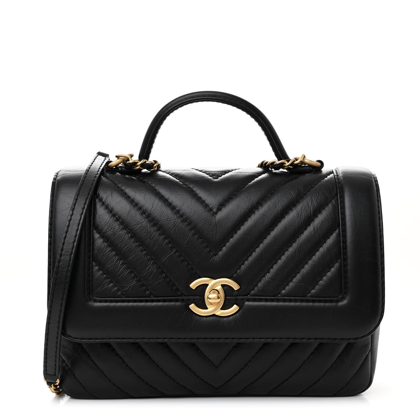 Calfskin Chevron Quilted Top Handle Flap Black