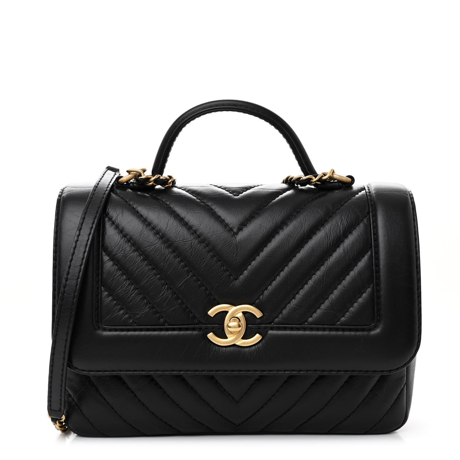 Chanel Calfskin Chevron Quilted Top Handle Flap Black 1 of 11