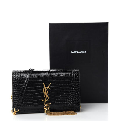 Saint Laurent Calfskin Crocodile Embossed Kate Monogram Tassel Chain Wallet Black 10 of 10