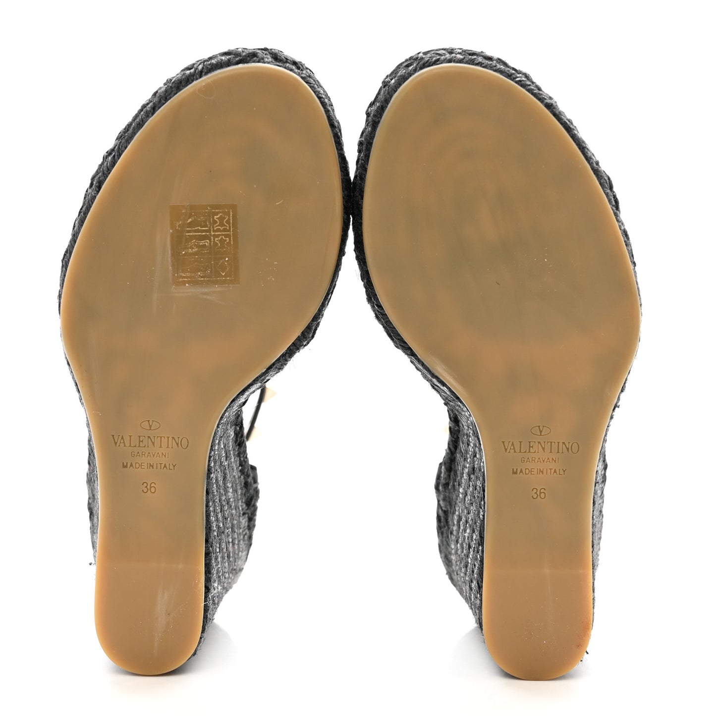 Grained Calfskin Rockstud Ankle Strap Espadrille 15/105mm Wedge Sandals 36 Deep Denim