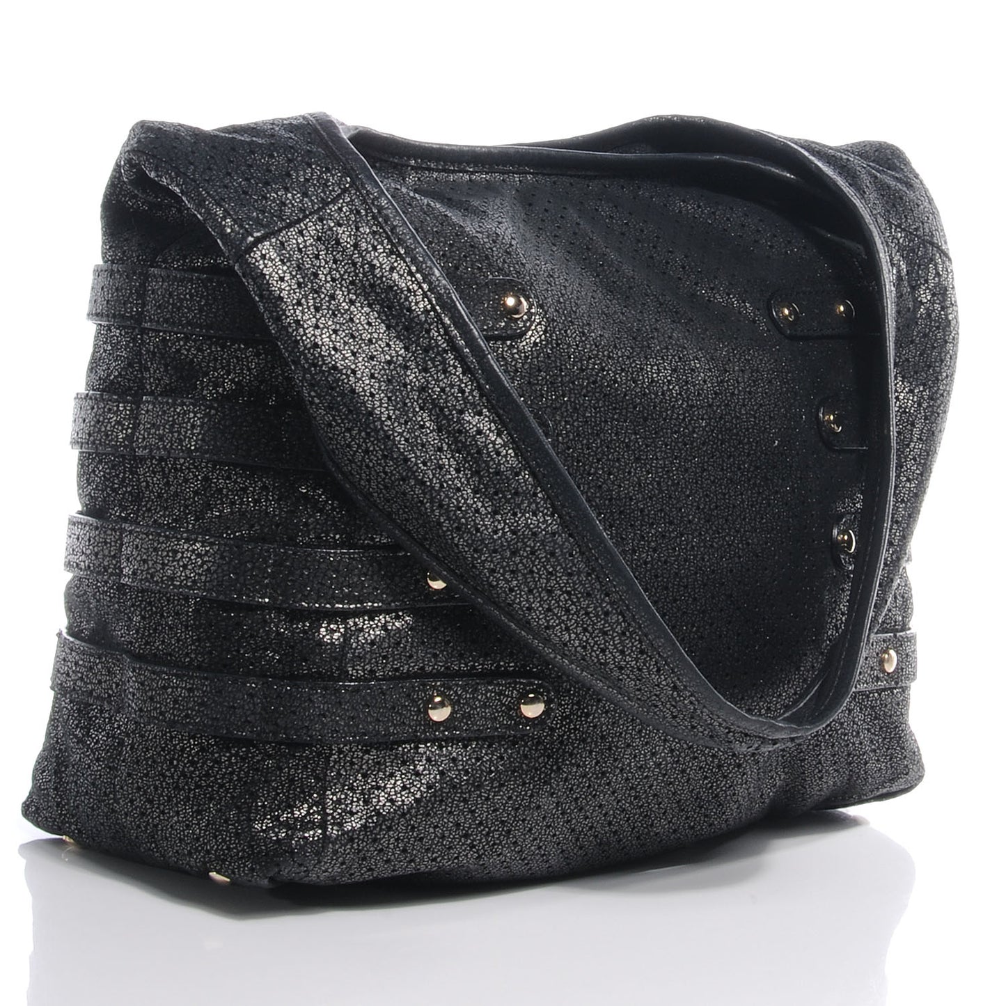 Metallic Leather Perforated Bardia Hobo Black