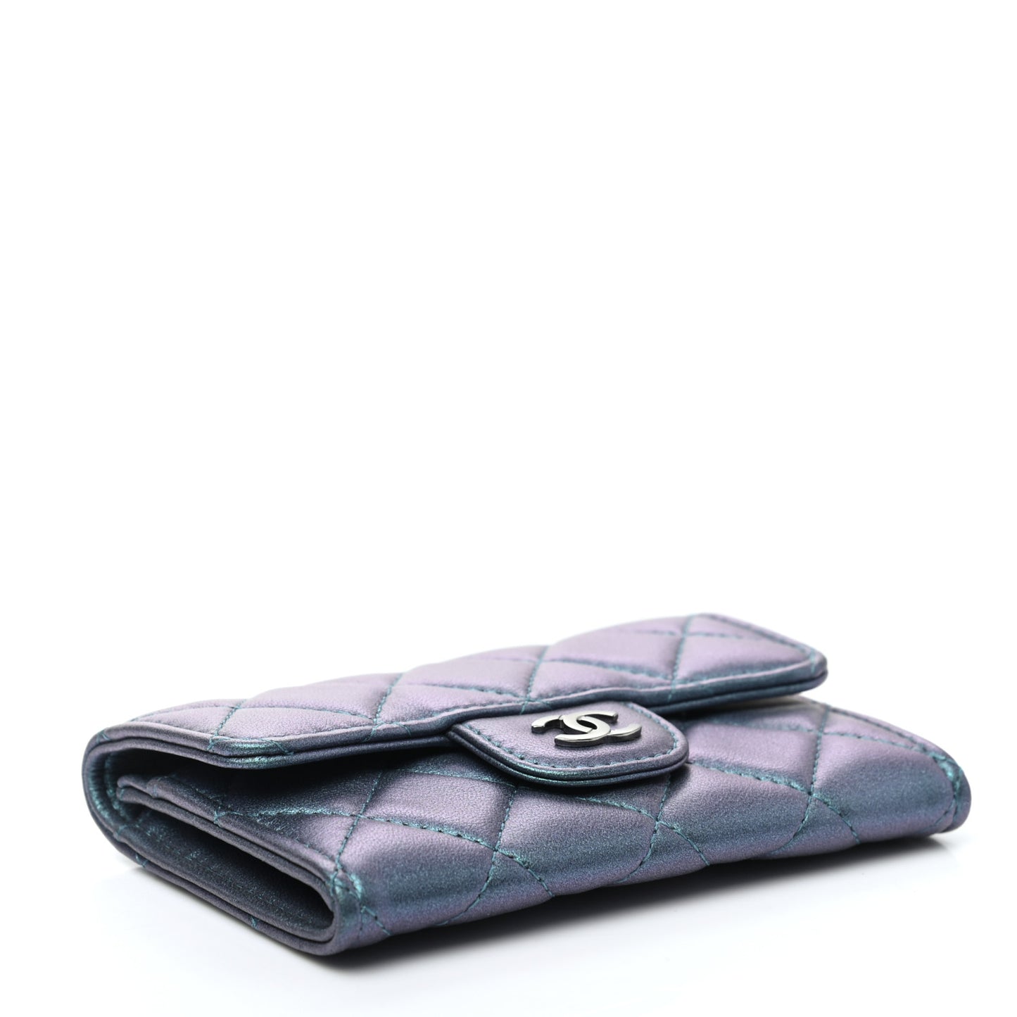 Iridescent Lambskin Quilted Flap Card Holder Turquoise