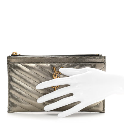 Saint Laurent Metallic Grain De Poudre Matelasse Chevron Monogram Bill Pouch Piombo 2 of 8