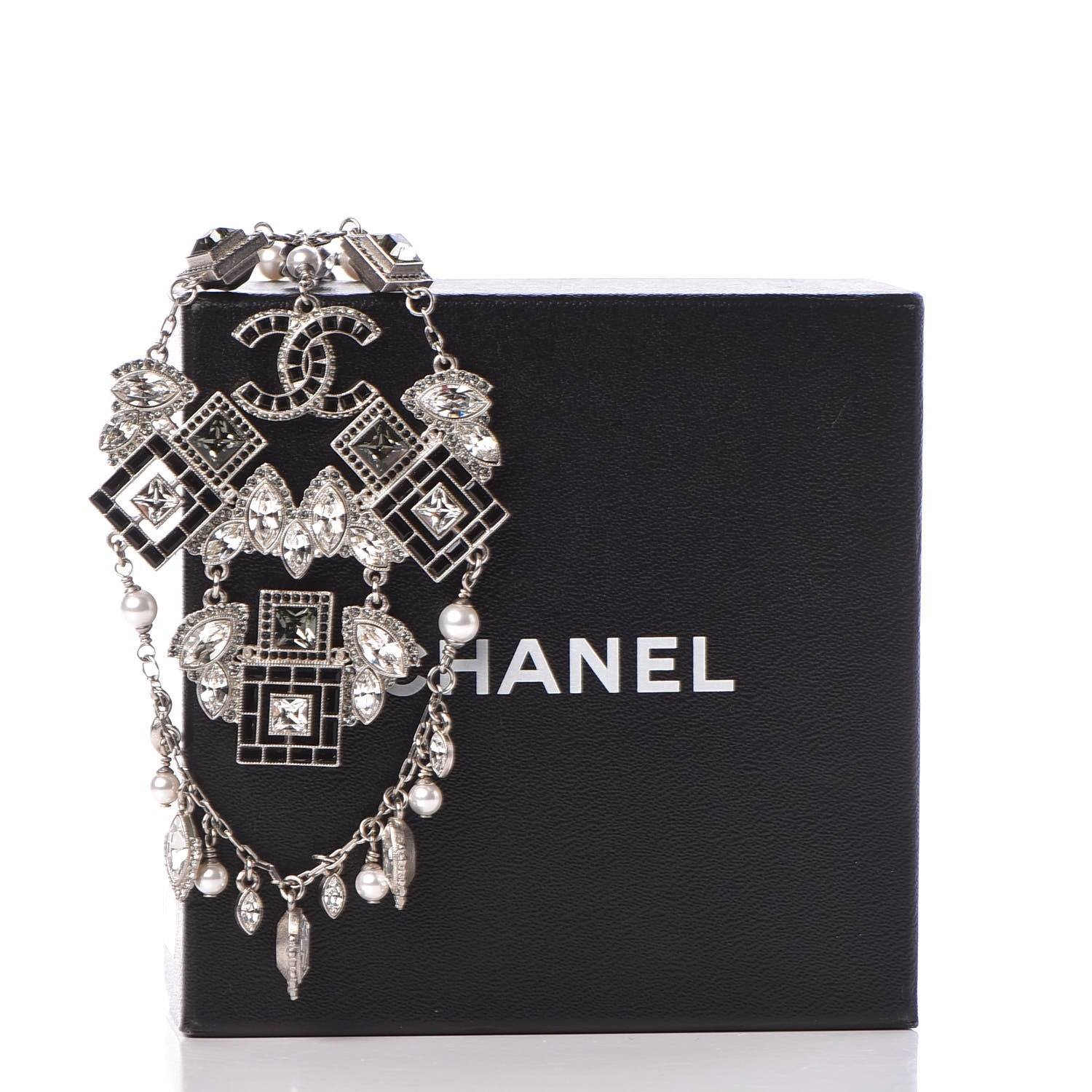 Chanel Crystal Strass Pearl CC Necklace Silver Black 6 of 6