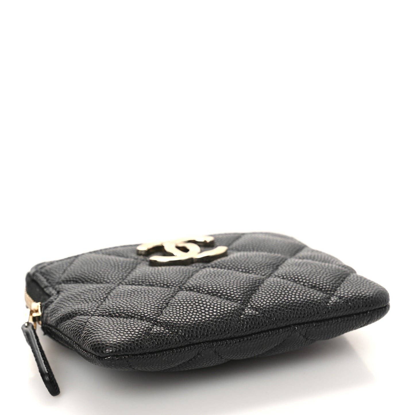 Caviar Metal Quilted Striated Zip Card Holder Wallet Black