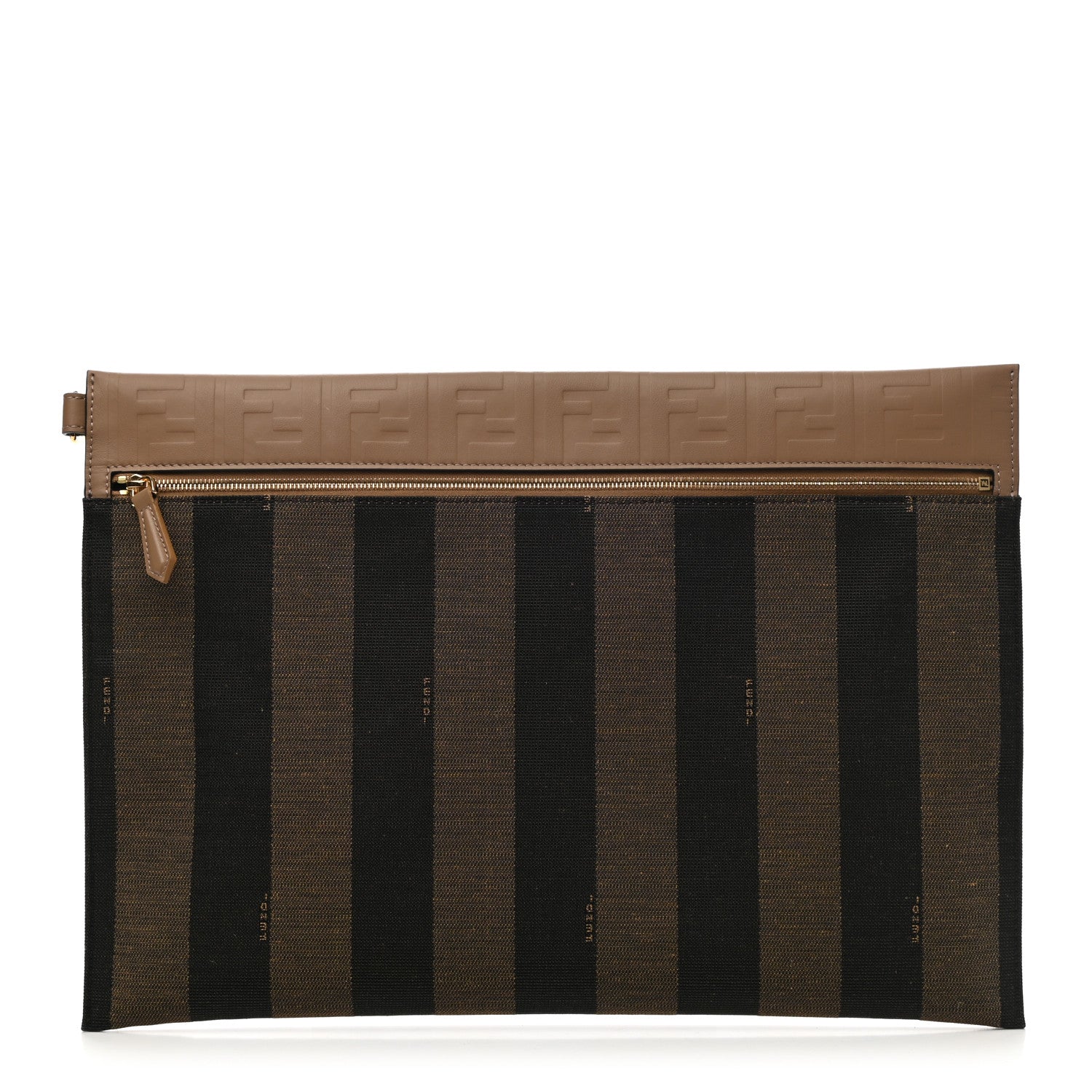 Fendi Fabric Jaquard Calfskin Pequin FF Embossed Zip Flat Pouch Tobacco 1 of 8