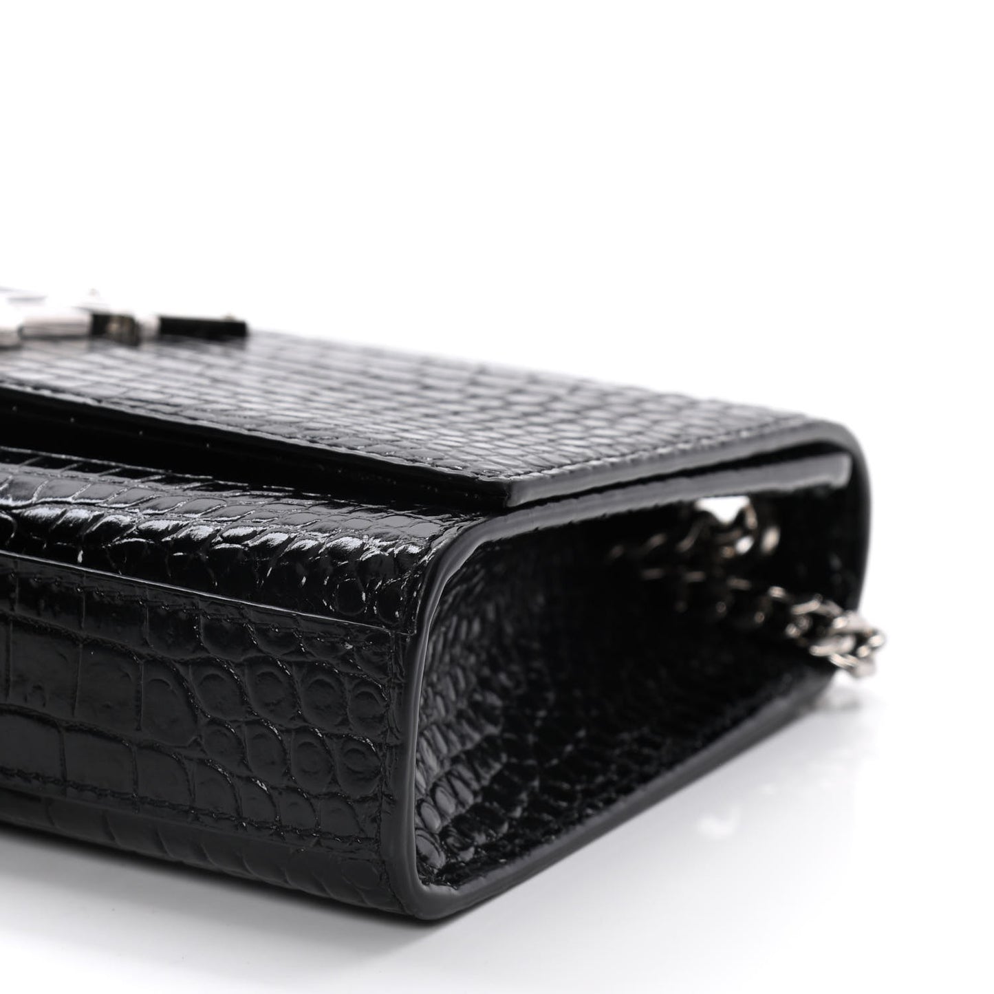 Calfskin Crocodile Embossed Small Classic Monogram Kate Tassel Satchel Black