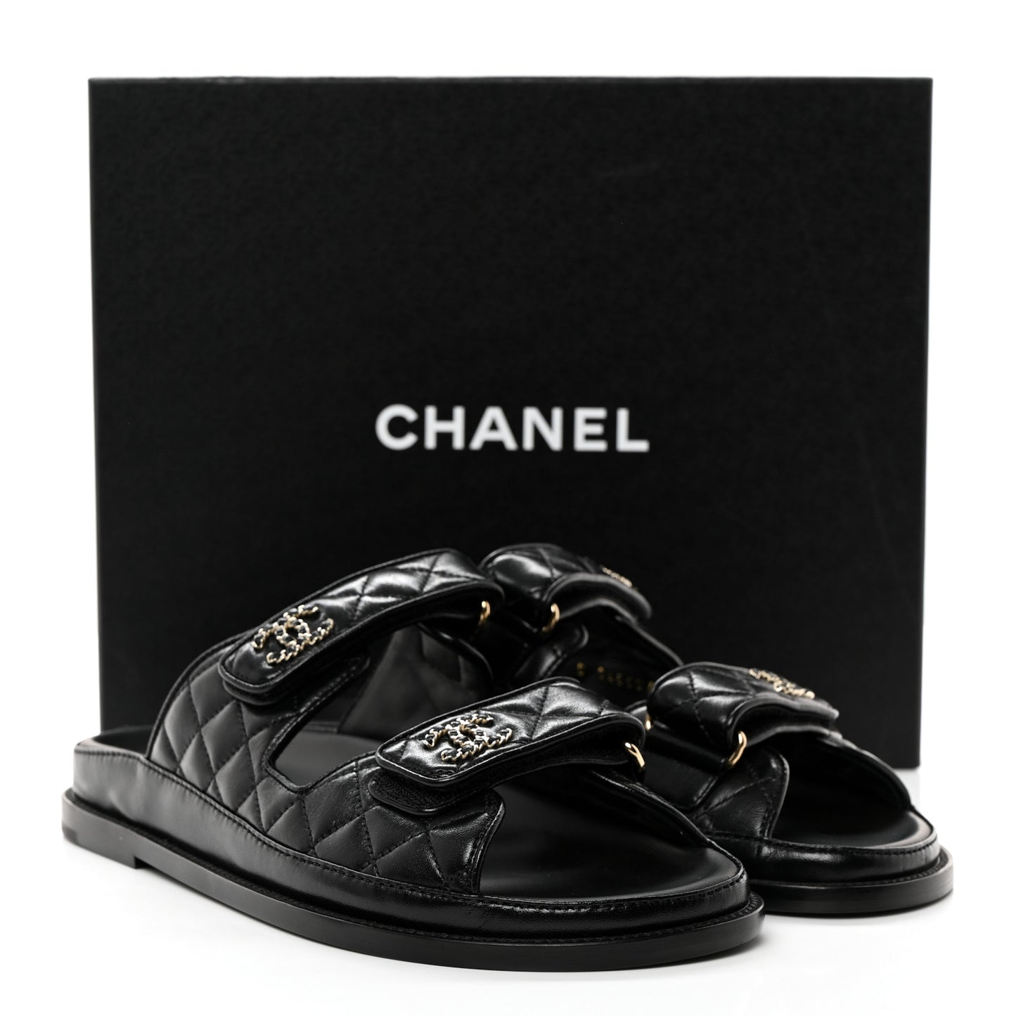 Lambskin Quilted Velcro Dad Chain CC Slide Sandals 40 Black