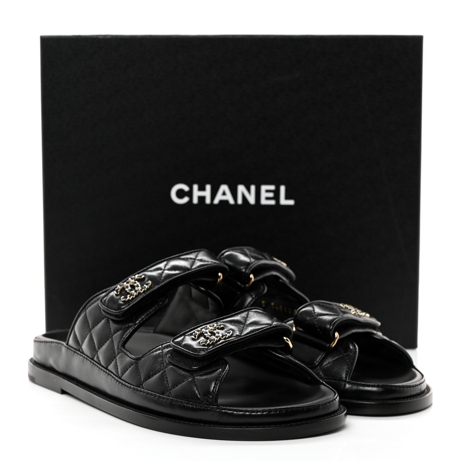 Chanel Lambskin Quilted Velcro Dad Chain CC Slide Sandals 40 Black 9 of 9