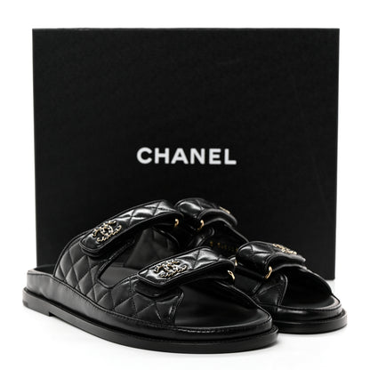 Chanel Lambskin Quilted Velcro Dad Chain CC Slide Sandals 40 Black 9 of 9