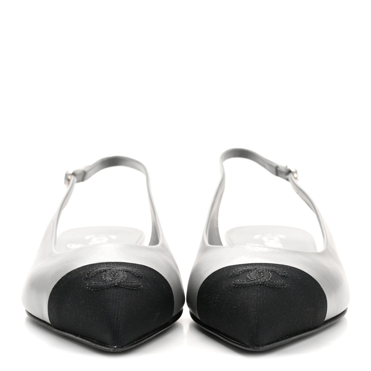 Goatskin Grosgrain Pointed Toe CC Slingback Flats 36 Gray Black