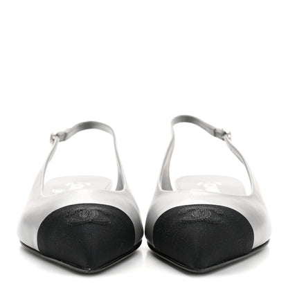 Chanel Goatskin Grosgrain Pointed Toe CC Slingback Flats 36 Gray Black 9 of 27