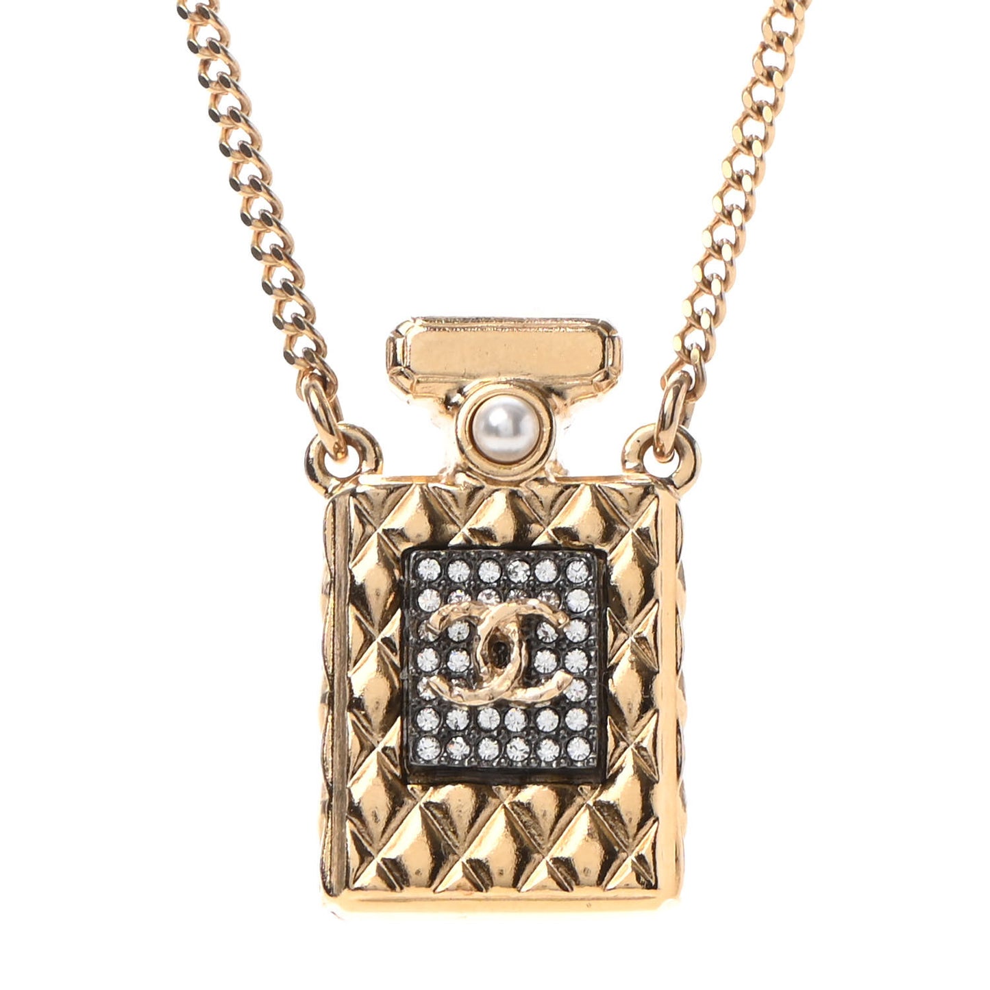 Crystal Pearl Perfume Bottle CC Necklace Gold