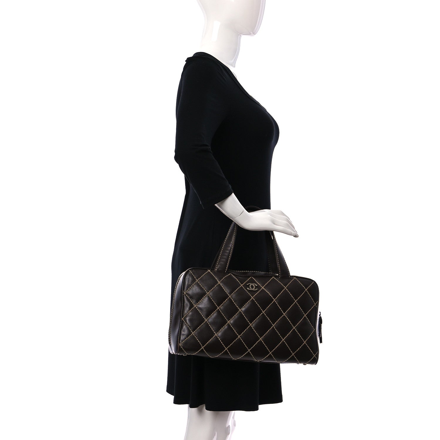 Chanel Calfskin Contrast Stitch Surpique Bowler Dark Brown 2 of 12