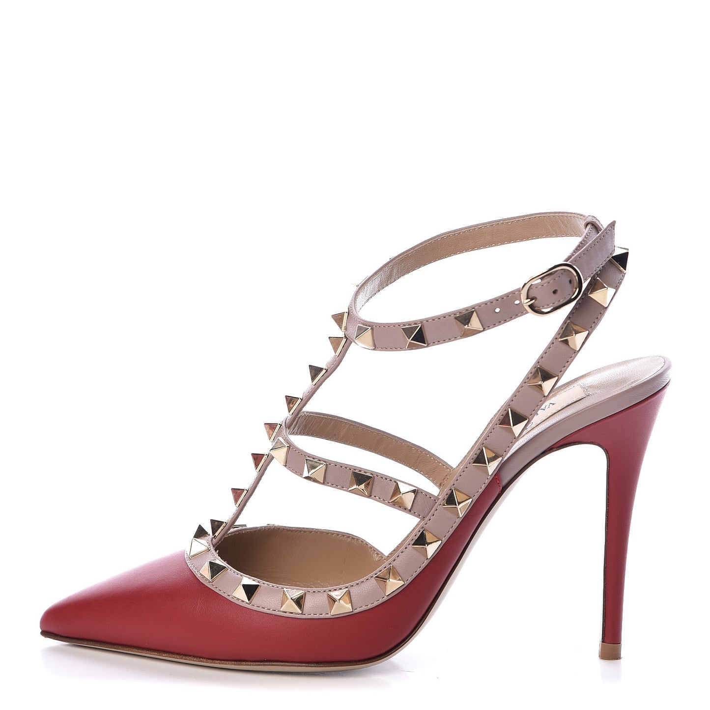 Calfskin Nappa Rockstud Ankle Strap 100mm Pumps 37 Rosso Valentino Poudre