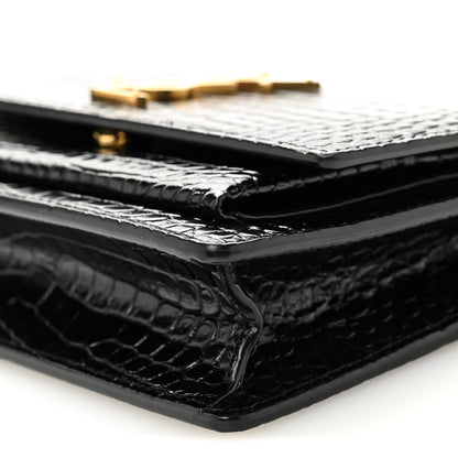 Saint Laurent Calfskin Crocodile Embossed Monogram Sunset Top Handle Chain Wallet Black 16 of 16