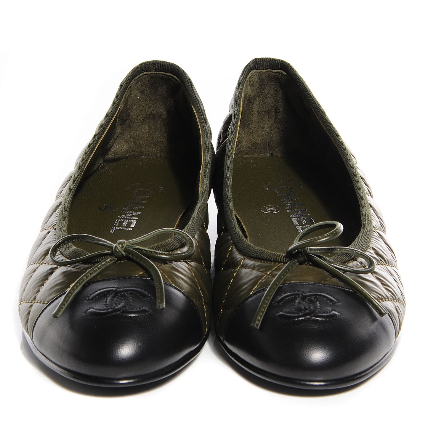 Nylon Quilted Cap Toe Ballerina Flats 39 Khaki