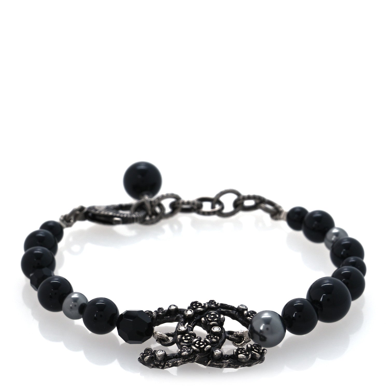 Chanel Pearl Crystal CC Camellia Bracelet Ruthenium Black 1 of 6