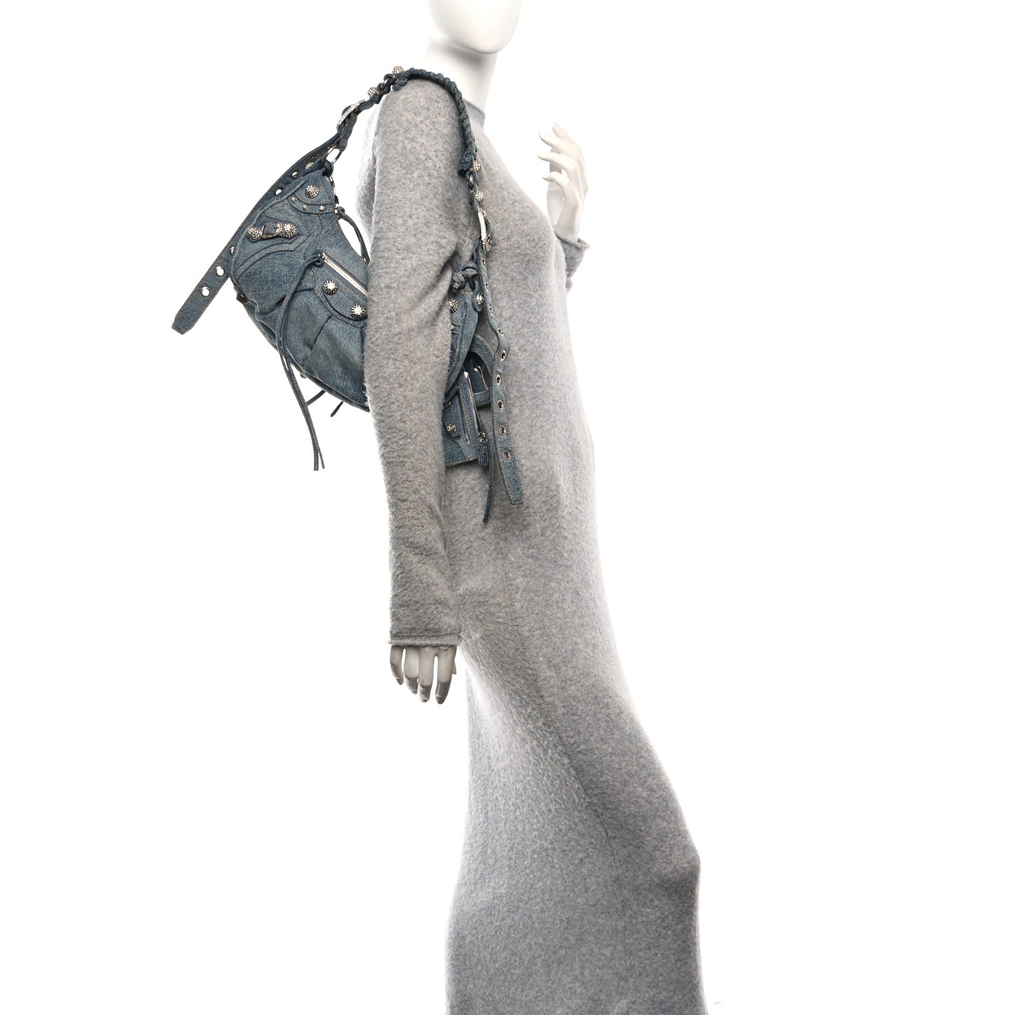 Washed Frayed Denim Crystal Small Le Cagole Shoulder Bag Blue
