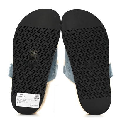 Hermes Suede Goatskin Woolskin Womens Chypre Sandals 36 Bleu Pinede Ecru 5 of 8