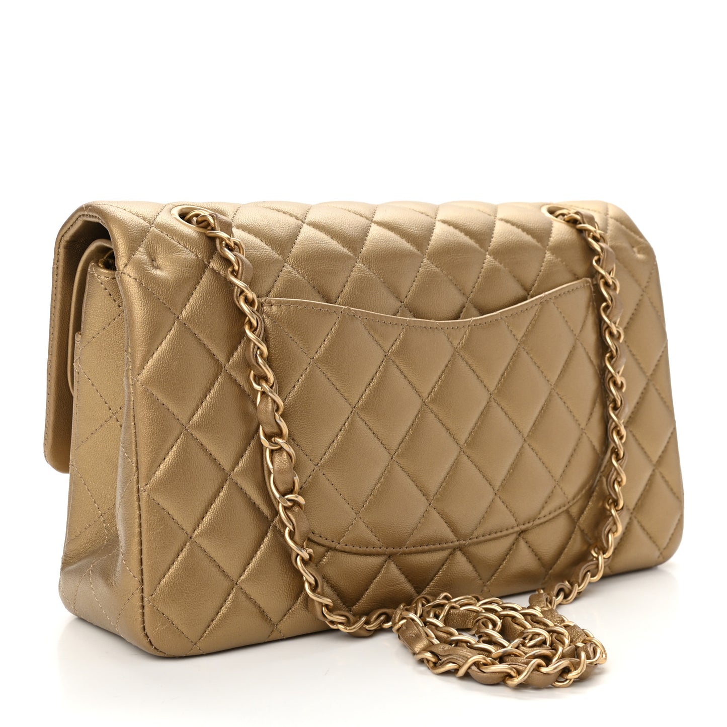 Metallic Lambskin Quilted Egyptian Amulet Medium Double Flap Gold